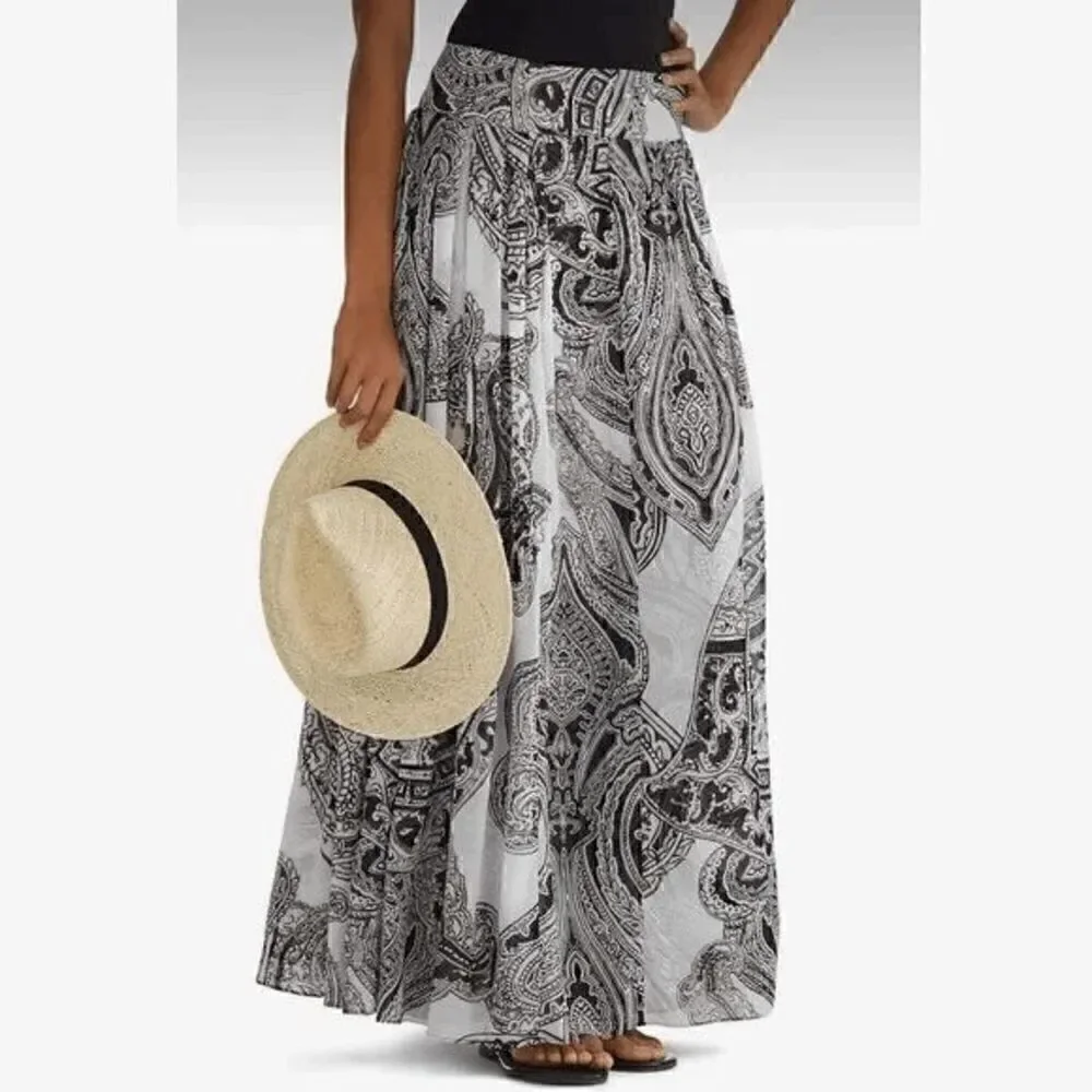🖤🤍 WHITE HOUSE BLACK MARKET Paisley Black White Pleated Maxi Skirt SIZE S
